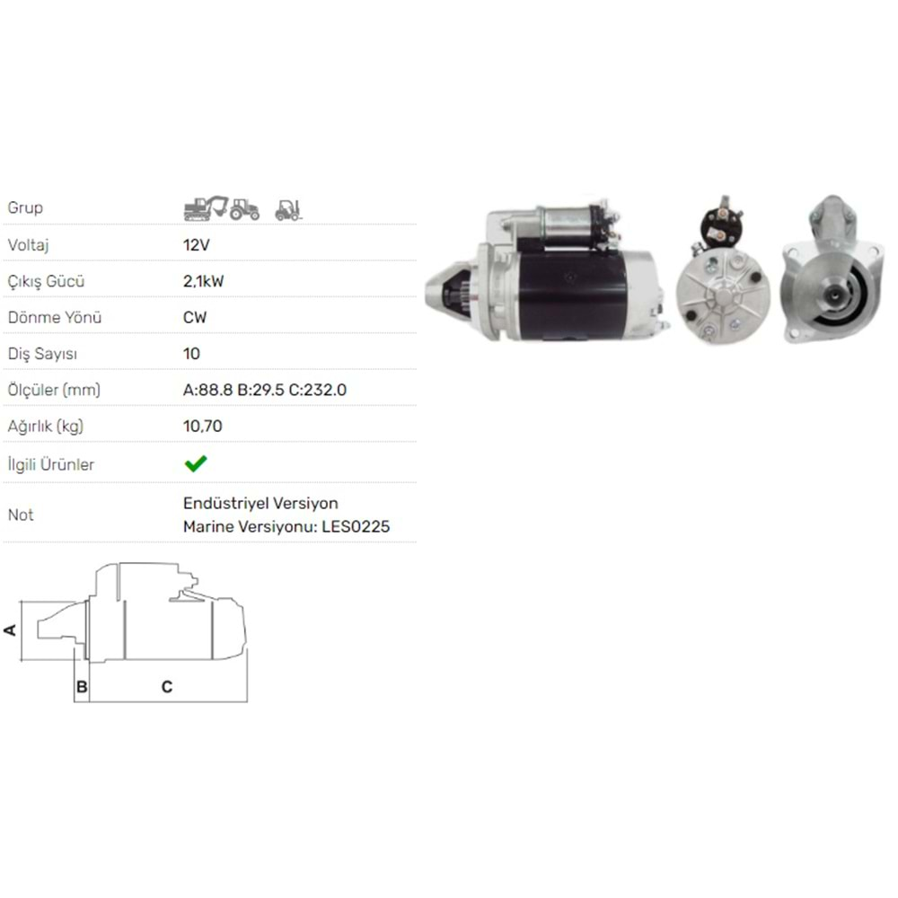 MARS MOTORU 12V 2.1KW 10 DIS MASSEY FERGUSON 285S