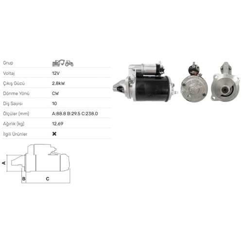 MARS MOTORU 12V 2.8KW 10 DIS MASSEY FERGUSON 274 274C 274SK 294 294C