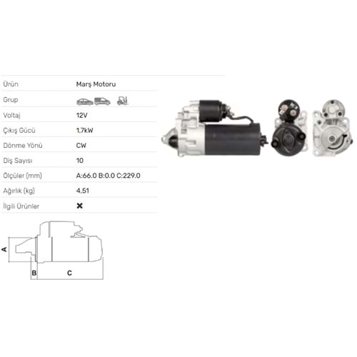 MARS MOTORU 12V 1.7KW 10 DIS R19 R21 CLIO1,9D EXPRESS1,6D 1,9D STR-2215