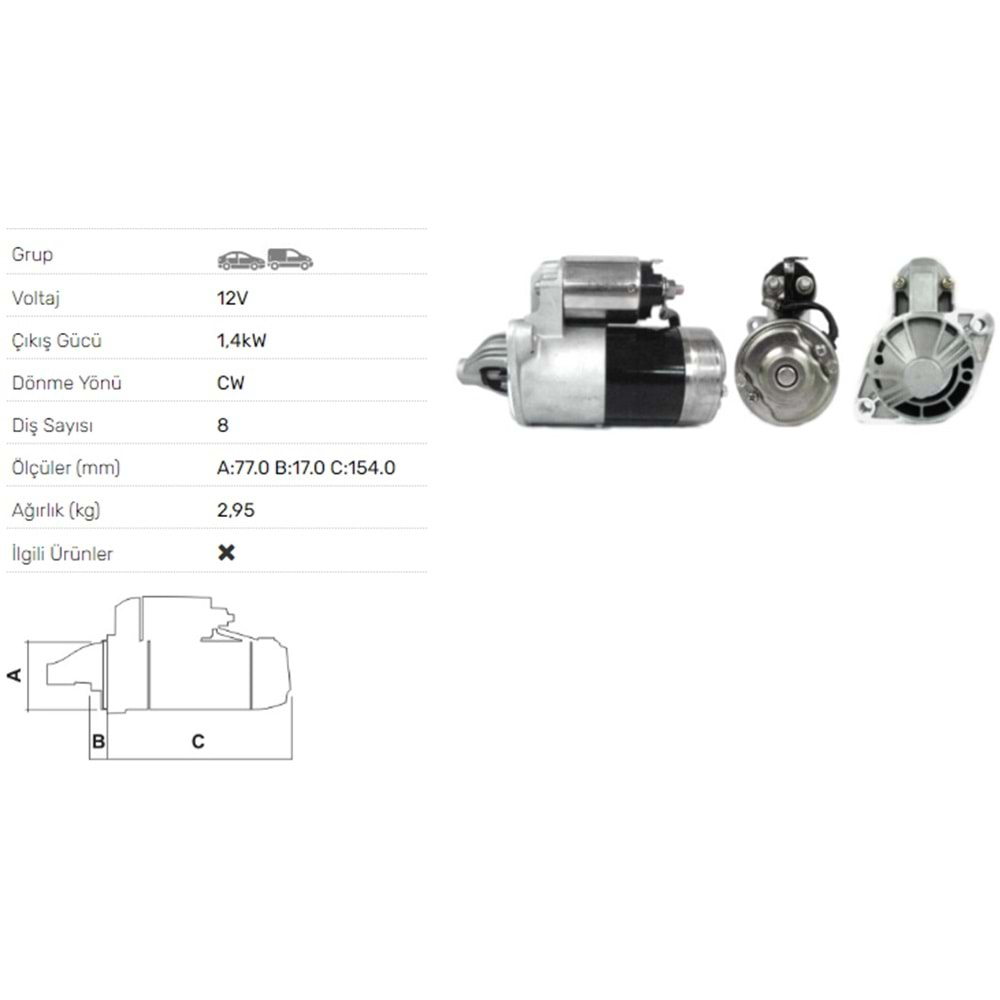 MARS MOTORU 12V 1,4KW 8 DIS HYUNDAI H100 BUS VAN 2.4I LANTRA 1,6I 1.8I STR-3002