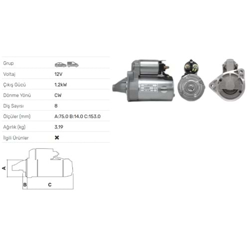 MARS MOTORU 12V 0.8KW 8 DIS HYUNDAI ATOS 1.0I GETZ 1.1I 1,3