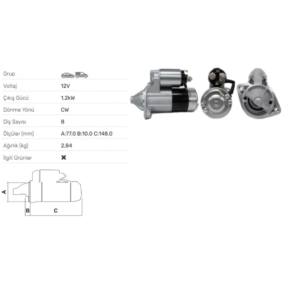 MARS MOTORU 12V 1,2KW 8 DIS MITSUBISHI CARISMA1.8I GDI COLT 1,6I MIRAGE 1,5I 1.8I