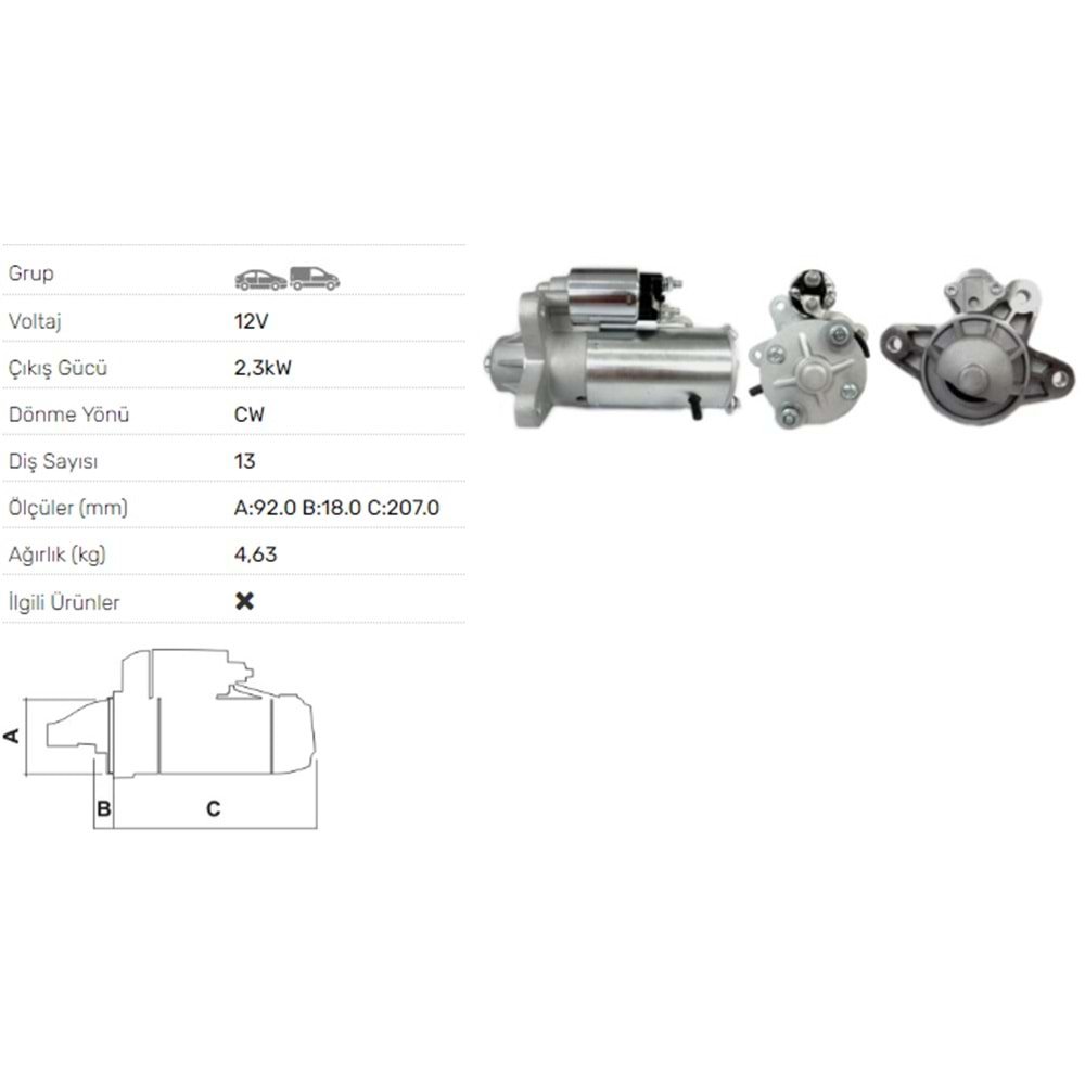 MARS MOTORU 12V 2.3KW 13 DIS FORD TRANSIT TURBO DIESEL STR-2218H