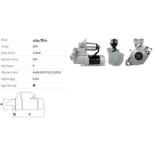 MARS MOTORU 24V 3.2KW 9 DIS MITSUBISHI FUSO CANTER 3.3 DIESEL FE211 FE214 STR-6138