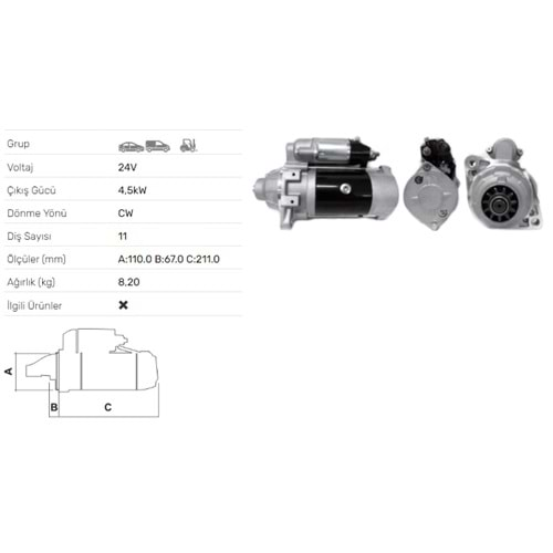 MARS MOTORU 24V 4.5KW 11 DIS MITSUBISHI FORKLIFT MK116 MM516 STR-0302