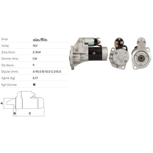 MARS MOTORU 12V 2.3KW 9 DIS ISUZU CAMPO DIESEL TROOPER 2.8 3.1 DIESEL TURBO STR-6012