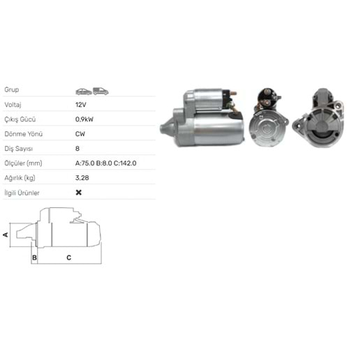 MARS MOTORU 12V 0.9KW 8 DIS DAEWOO MATIZ1.0 II 0.8 M T TICO 0.8I