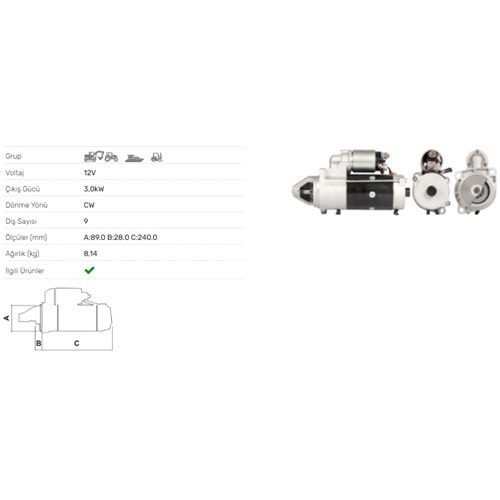 MARS MOTORU 12V 3.0KW 9 DIS DEUTZ FAHR KHD STR-2301