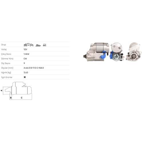 MARS MOTORU 12V 1,4KW 9 DIS