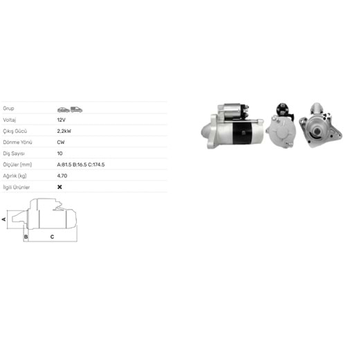 MARS MOTORU 12V 2.2KW 10 DIS FORD RANGER MAZDA B SERISI 2,5 DIZEL 99-