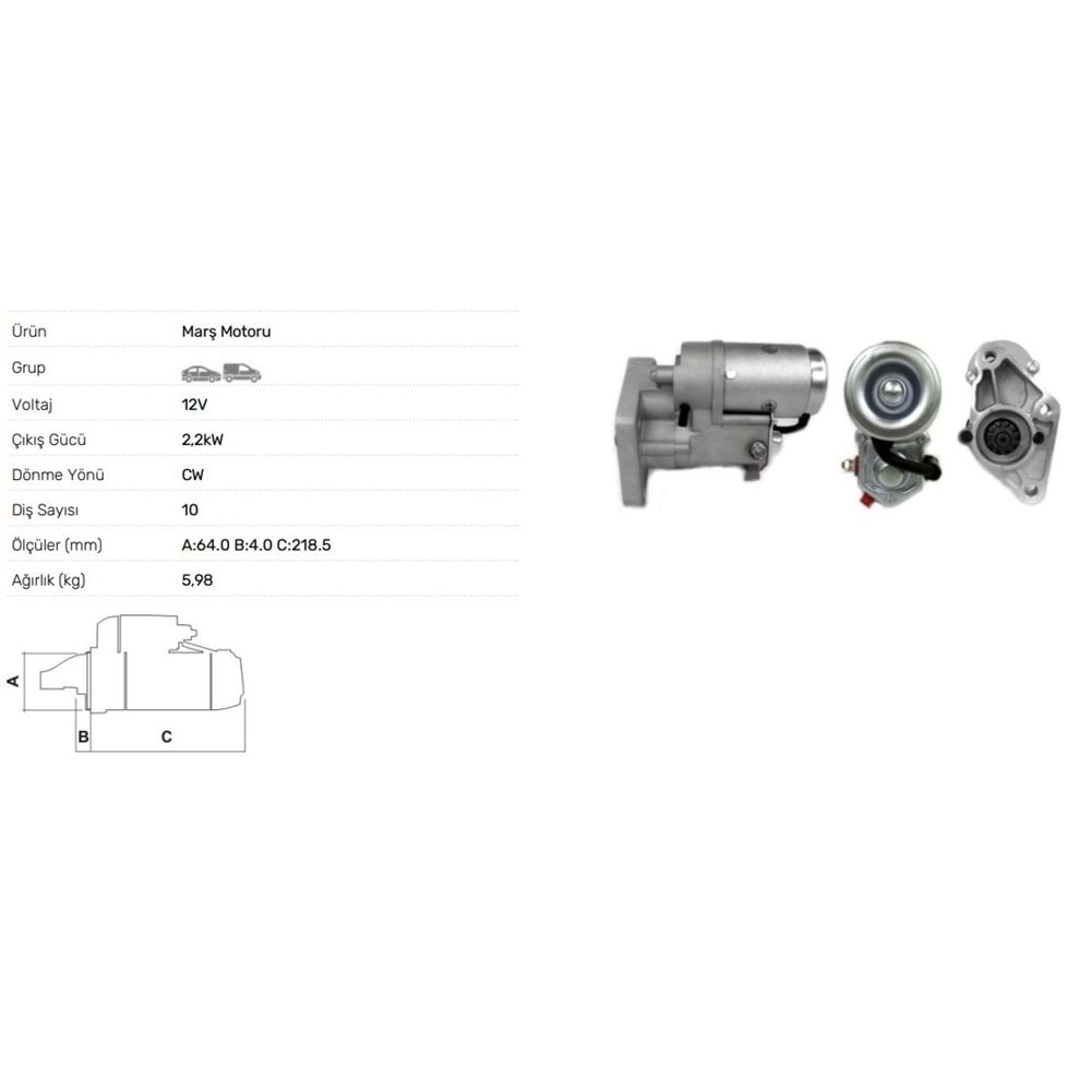 MARS MOTORU 12V 2.2KW 10 DIS KIA CARNIVAL 2.9 DIZEL 98-