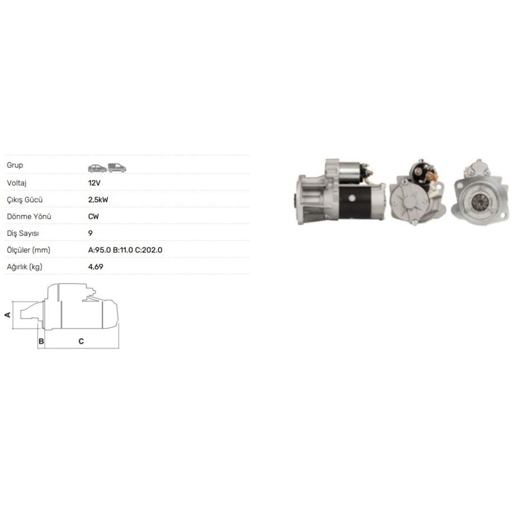 MARS MOTORU 12V 2,5KW 9 DIS NISSAN TERRANO OPEL MOVANO RENAULT MASTER 3.0 DIZEL 02-