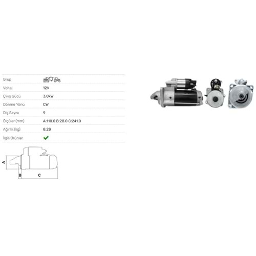 M.MOTORU 12V/3.0kW/9DİŞ CASE JX100U IVECO 4-239 DİFORD 4835 4200 Dİ/NEW HOLLAND 4230 4220 FORD