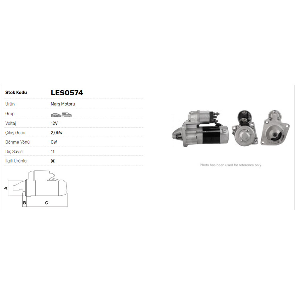 M.MOTORU 12V 2.0kW 11DİŞ VOLVO FIAT DOBLO I 1.9D, PALIO 1.9 D,PUNTO II 1.9D,STRADA 1.9D