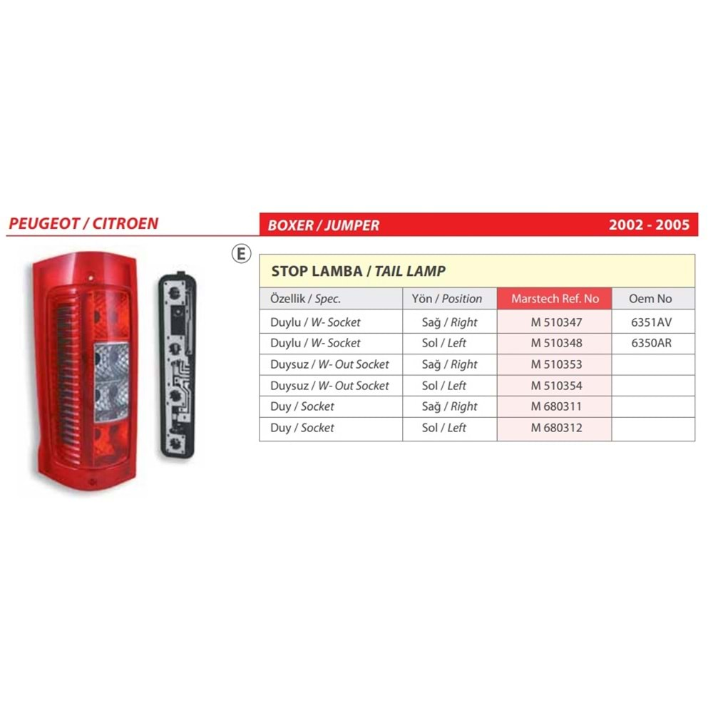 STOP LAMBA DUYSUZ PEUGEOT BOXER, CITROEN JUMPER 02-05 SOL