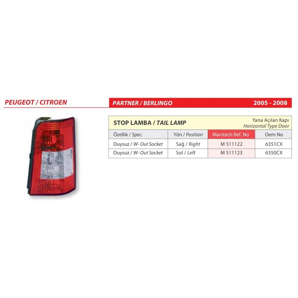 STOP LAMBA DUYSUZ PEUGEOT PARTNER, CITROEN BERLINGO 05-07 SAG CIFT KAPI