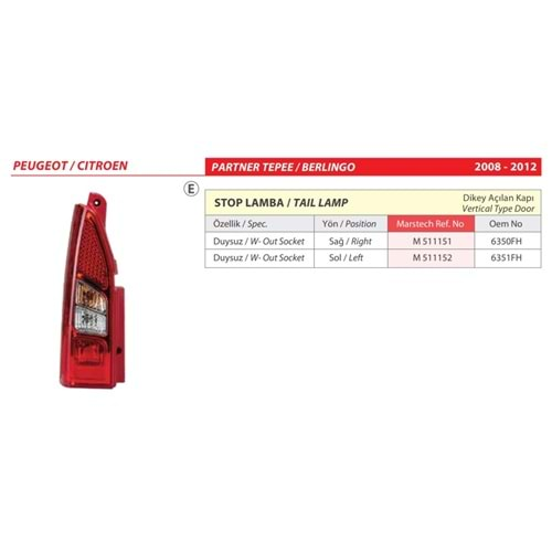 PEUGEOT PARTNER STOP LAMBA (08-12) DUYSUZ SAG