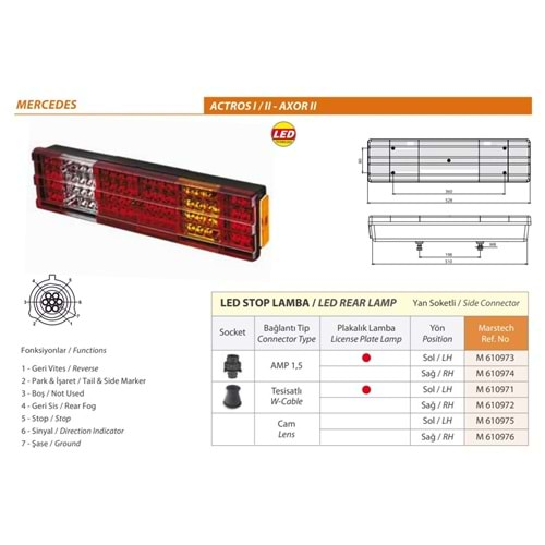 STOP LAMBA LEDLI MERCEDES ACTROS SOKETLI PLAKASIZ