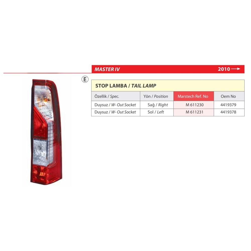 STOP LAMBA RENAULT MASTER SAG DUYSUZ 2010