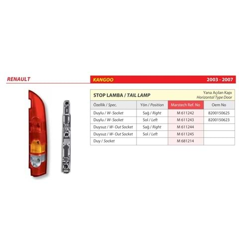 STOP LAMBA DUYSUZ RENAULT KANGOO 03-07 CIFT KAPI SOL