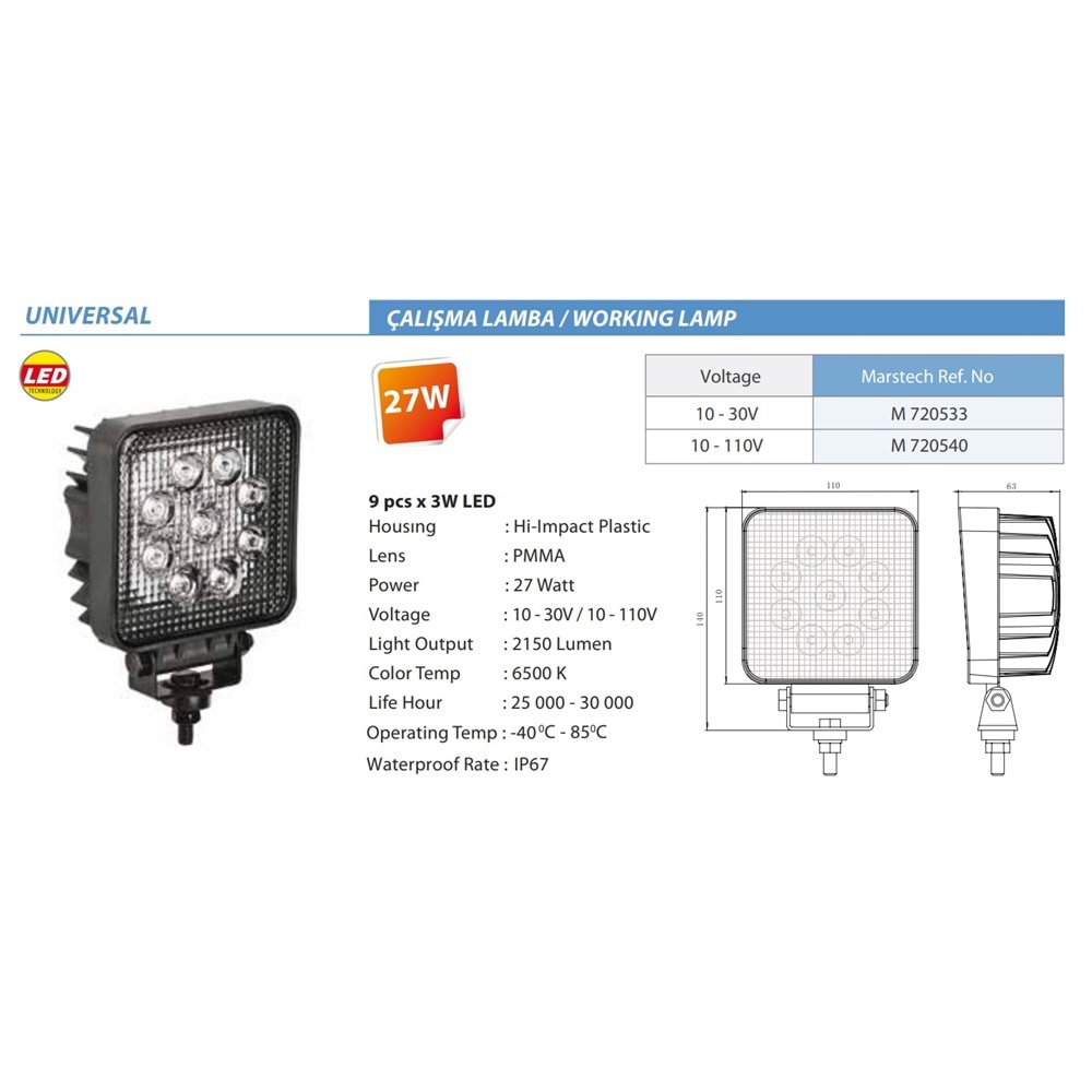 -CALISMA LAMBASI U.LED 9 LED KARE