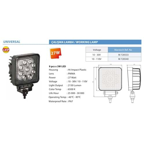 -CALISMA LAMBASI U.LED 9 LED KARE