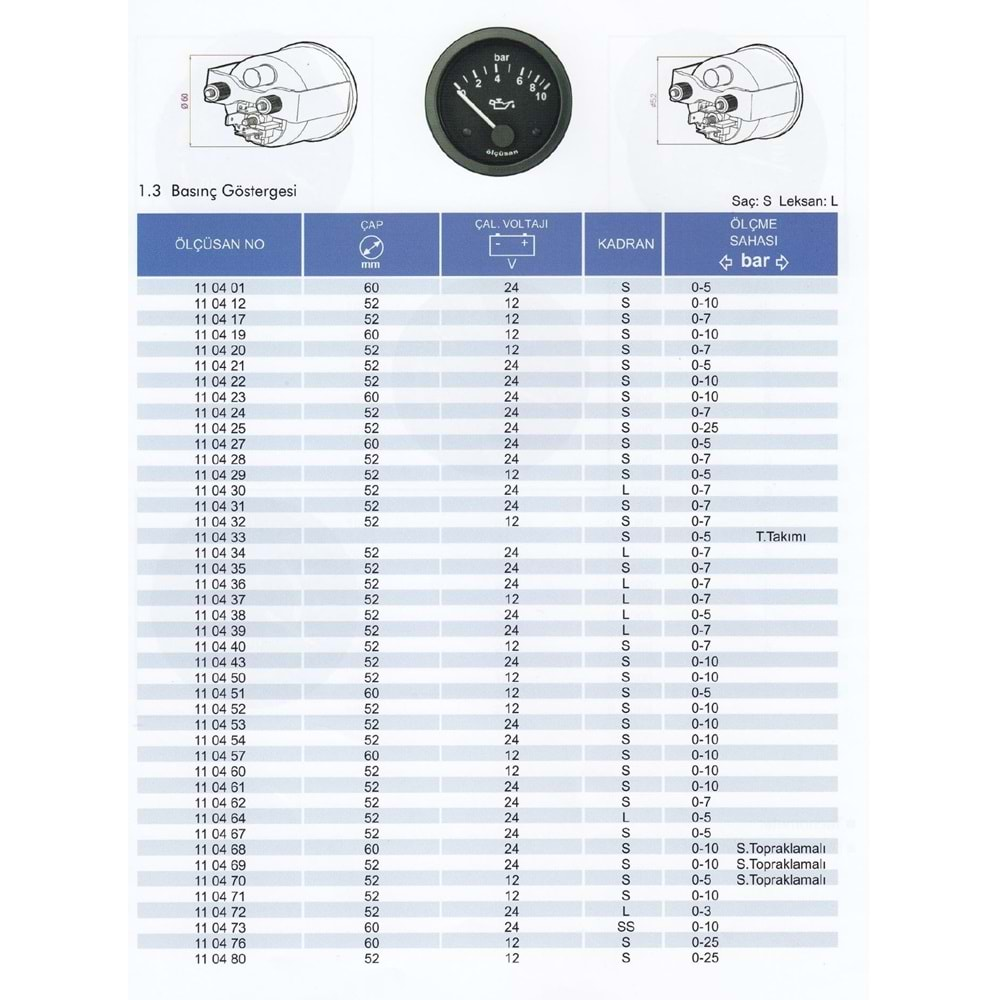 YAG GOSTERGESI 12V 7 BAR.52 MM