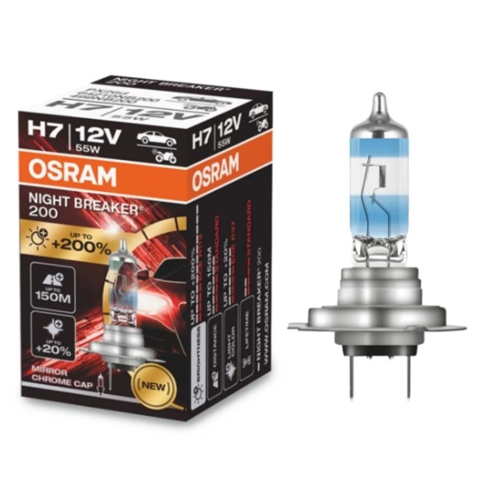 H7 NB200 64210NB200 55W 12V PX26D FS1 OSRAM PK22s NIGHT BREAKER 200-%200 PARLIKLIK-%20 BEYAZ-150 mt