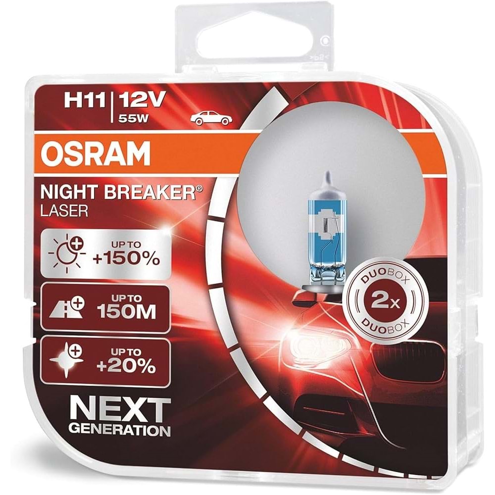 H11 NL 55W 12V PGJ19-2 HCB2 OSRAM PGJ19-2 NIGHT BREAKER LASER-%150 PARLAKLIK-%20 BEYAZ-150 mt.