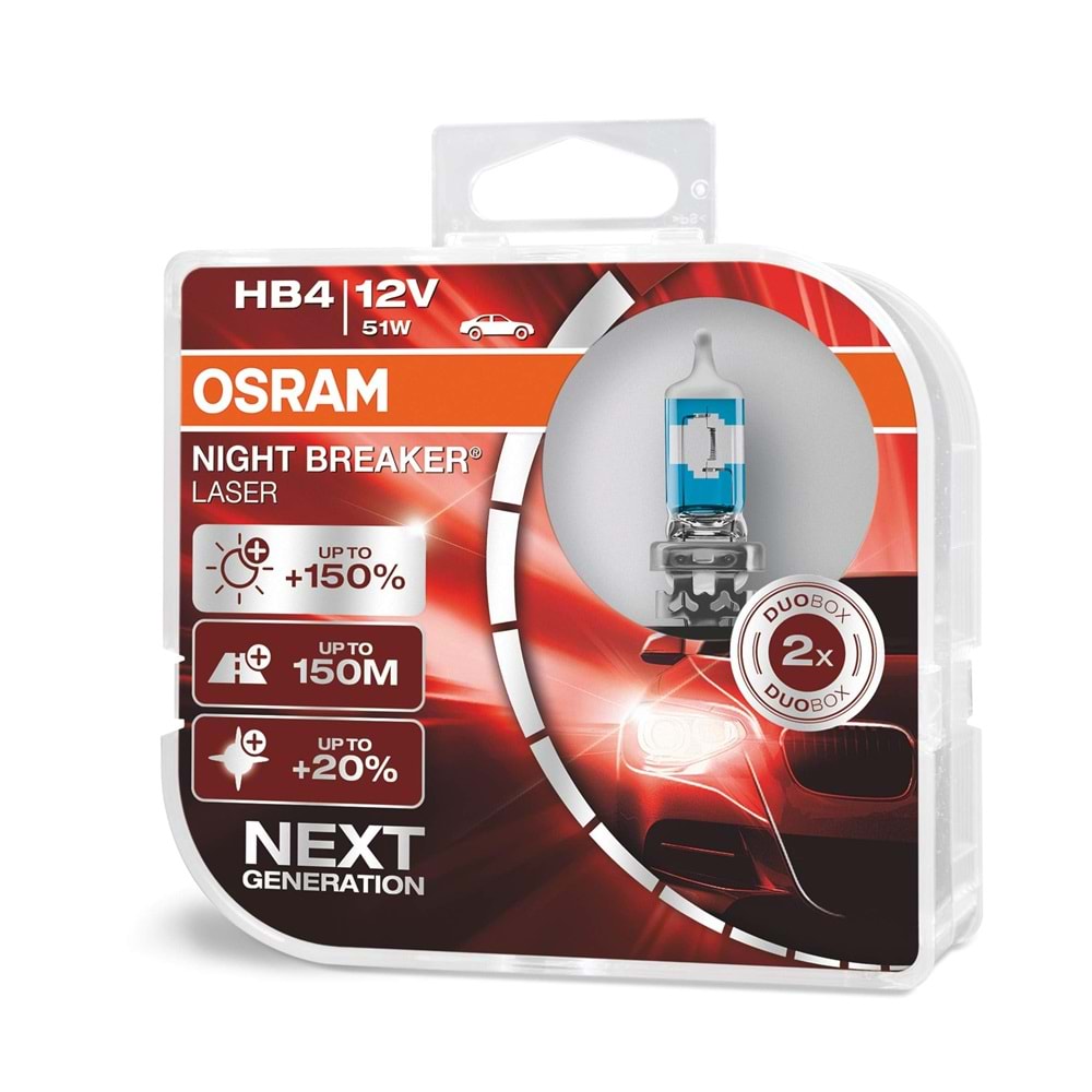 HB4 NL 51W 12V P22D HCB2BOX OSRAM P22d NIGHT BREAKER LASER-%150 PARLAKLIK-%20 BEYAZ-150 mt.