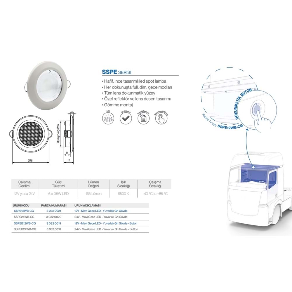 SSPEB BUTONLU SPOT 24V BEYAZ AYD MAVI GECE YUV GRI