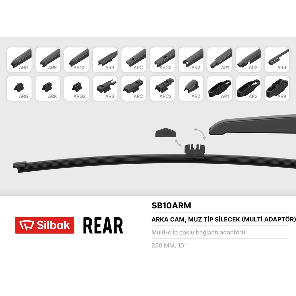 250 mm SILGI SUPURGE Muz Arka tip 8 aparatlı silecek süpürgesi