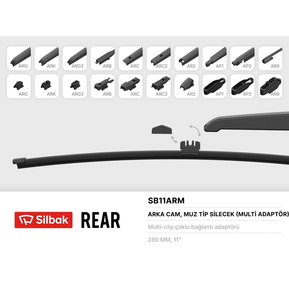 280 mm SILGI SUPURGE Muz Arka tip 8 aparatlı silecek süpürgesi