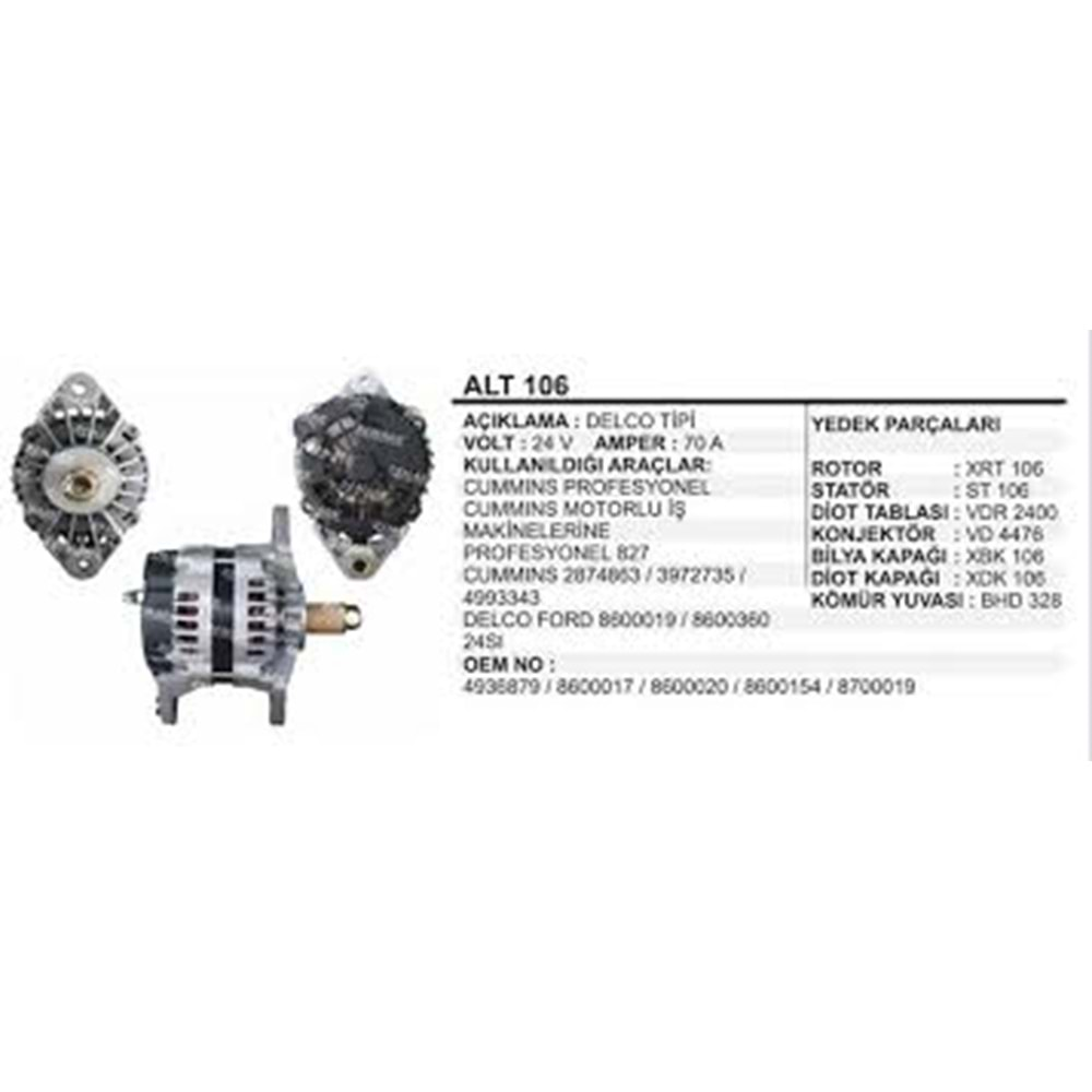 ALTERNATÖR 24V 75A BMC PROFESYONEL PRO 827 KAMYON WUT.1101.0007