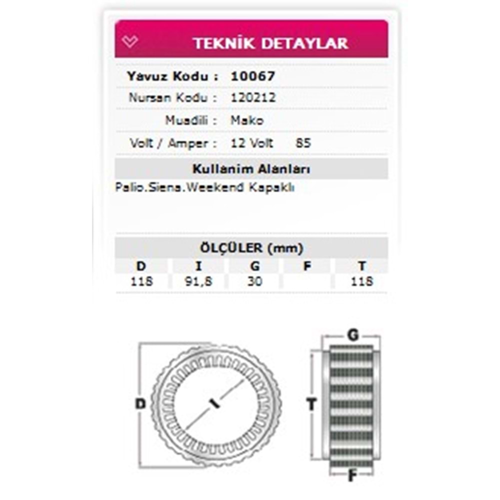 ALT STATOR KAPAKLI FIAT PALIO SIENA WEEKEND 12V 85A 120212