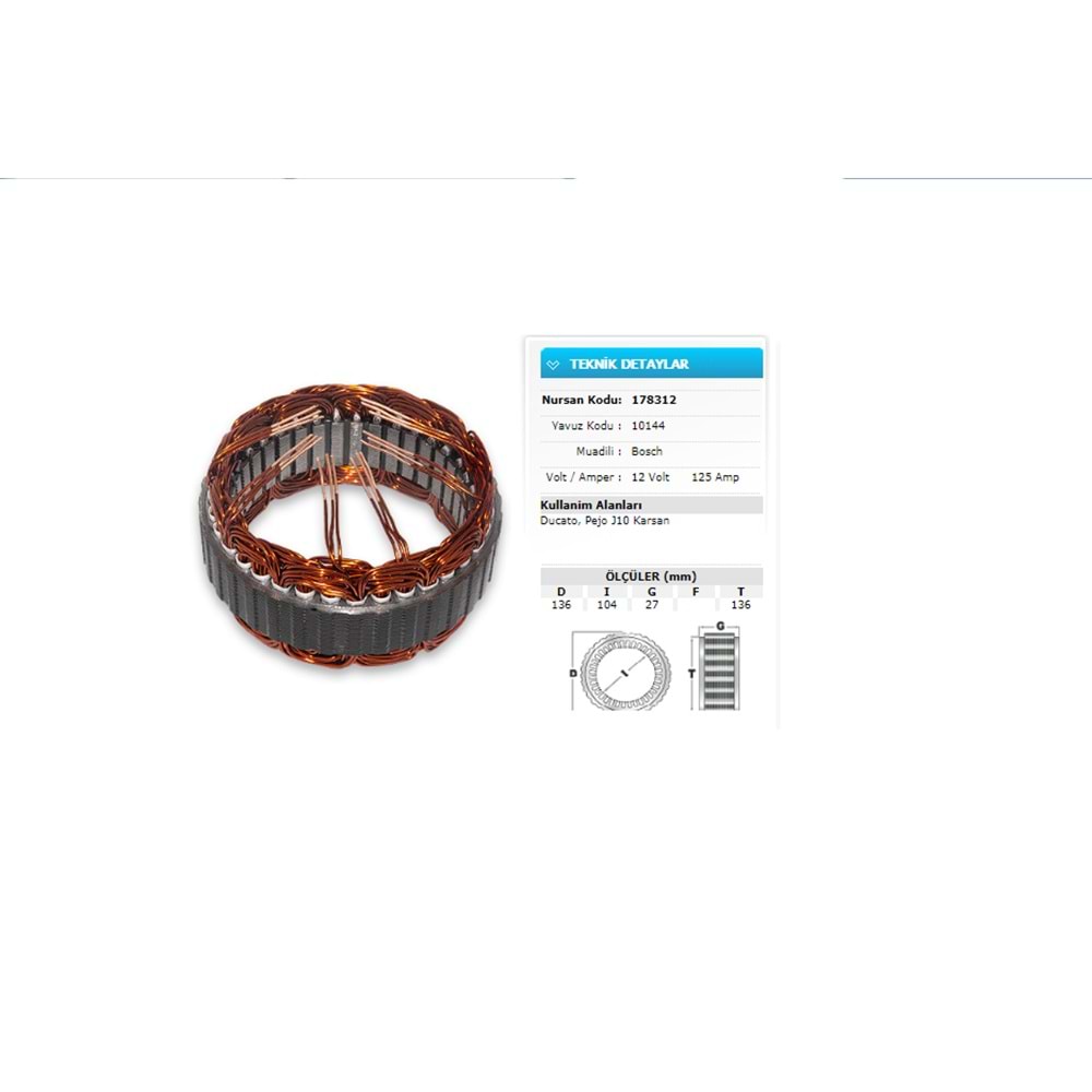 ALT STATOR 12V 125A J10 KARSAN DUCATO PEUGEOT 178312