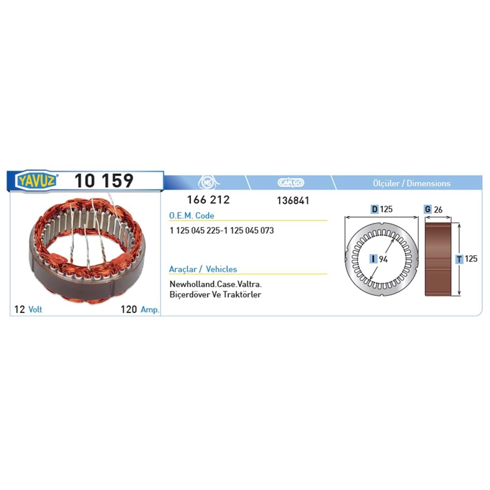 ALT STATOR NEW HOLLAND CASE VALTRA 120A BOSCH