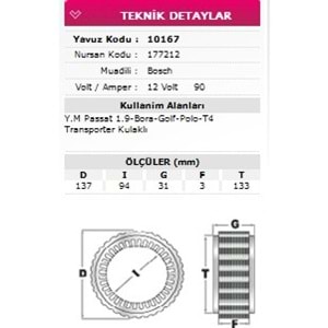 ALT STATOR KULAKLI VW PASSAT 1,9 BORA GOLF POLO TRANSPORTER T4 12V 90A 177212