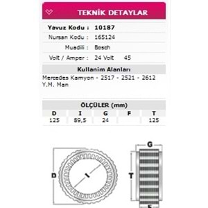 ALT STATOR MERCEDES 2517 2521 2612, MAN KAMYON 24V 45A 165124