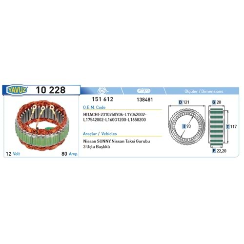 ALT STATOR NISSAN SUNNY NISSAN TAKSI GRUBU 80A JAPON