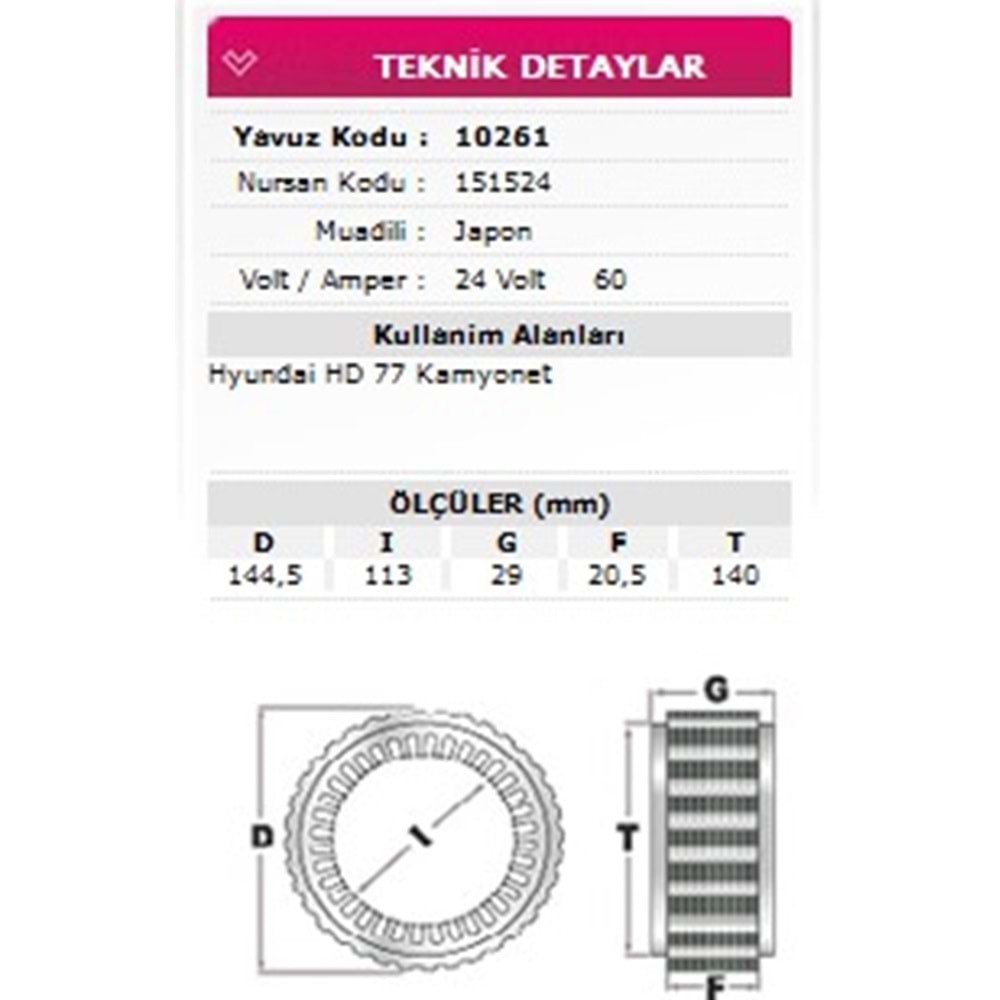ALT STATOR HYUNDAI HD77 KAMYONET 60A 151524