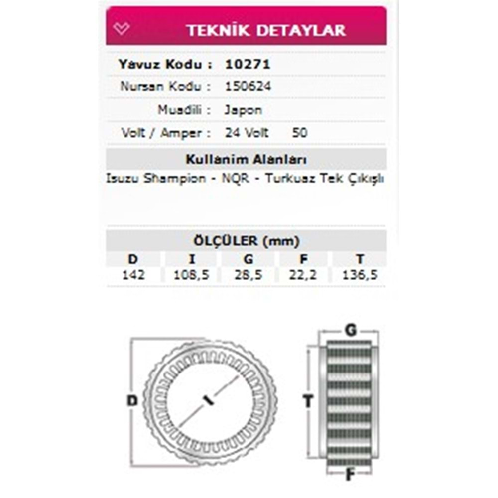 ALT STATOR ISUZU CHAMPION, NQR, TURKUAZ TEK CIKISLI 24V 50A 150624