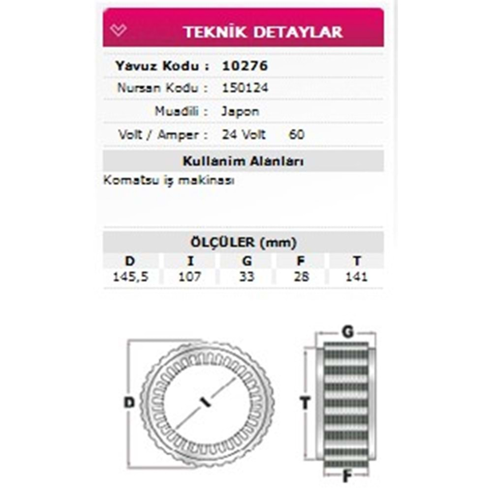 ALT STATOR KOMATSU IS MAKINASI 24V 60A 150124