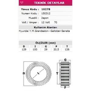 ALT STATOR HYUNDAI SONATA GRANDSALON GALLOBER 12V 70A 150312