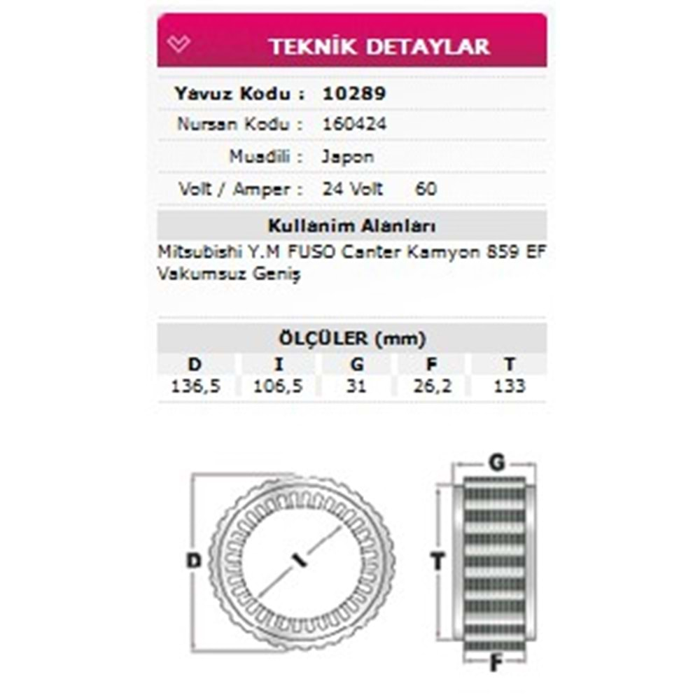 ALT STATOR VAKUMSUZ GENIS TIP MITSUBISHI FUSO CANTER 859 EF KAMYON 24V 60A 160424