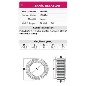 ALT STATOR VAKUMSUZ GENIS TIP MITSUBISHI FUSO CANTER 859 EF KAMYON 24V 60A 160424