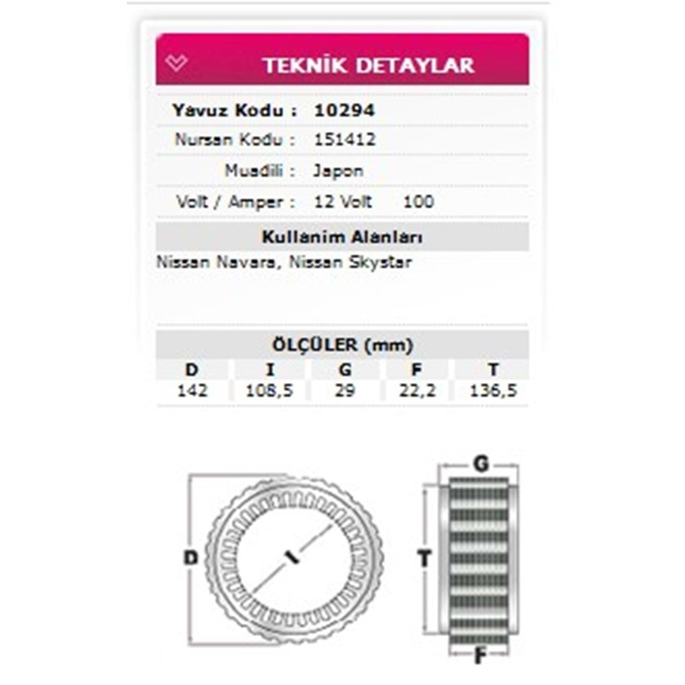 ALT STATOR NISSAN NAVARA SKYSTAR 12V 100A