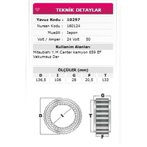 ALT STATOR VAKUMSUZ DAR TIP MITSUBISHI CANTER EF 659 24V 50A 160124