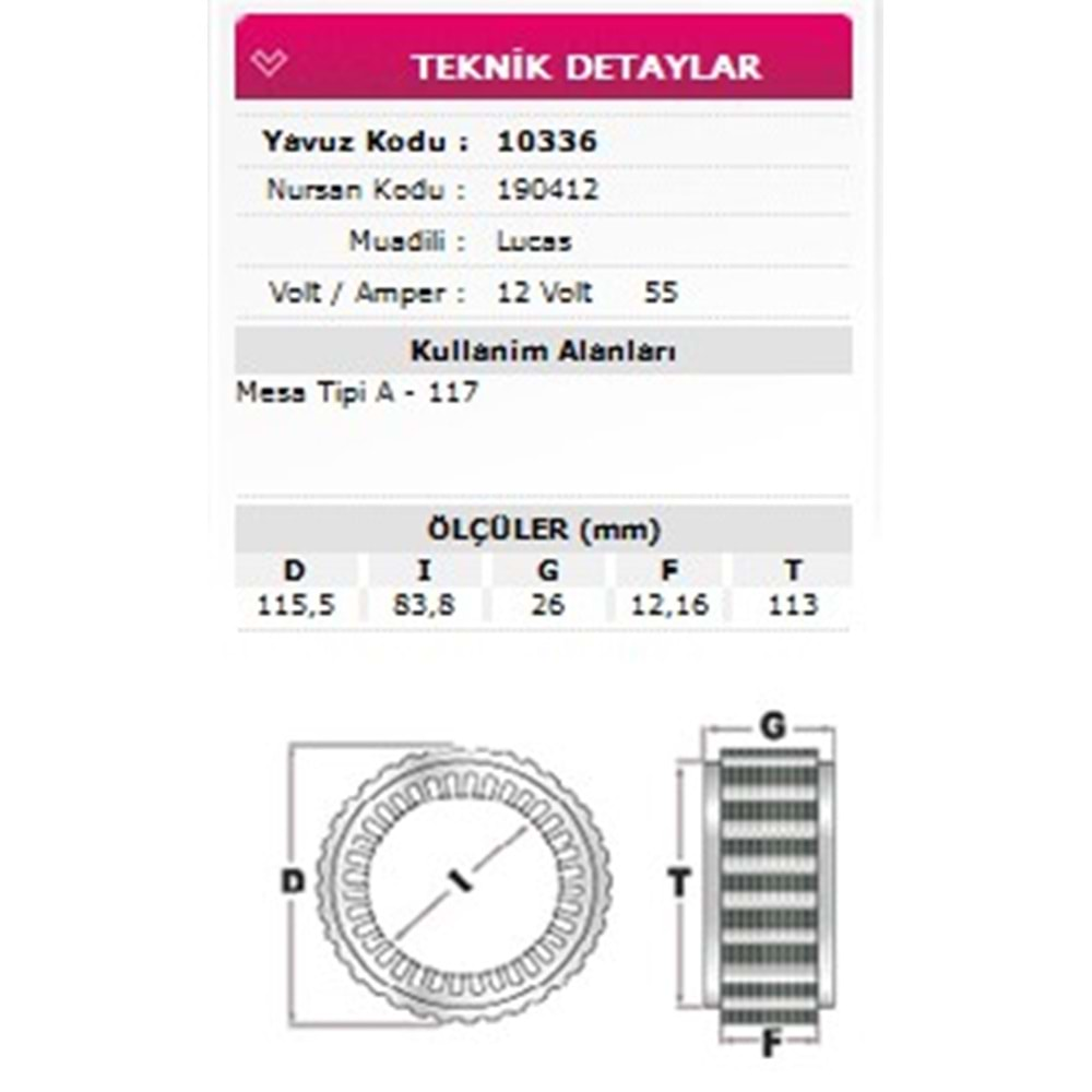 ALT STATOR MESA TIPI A-117 12V 55A 190412