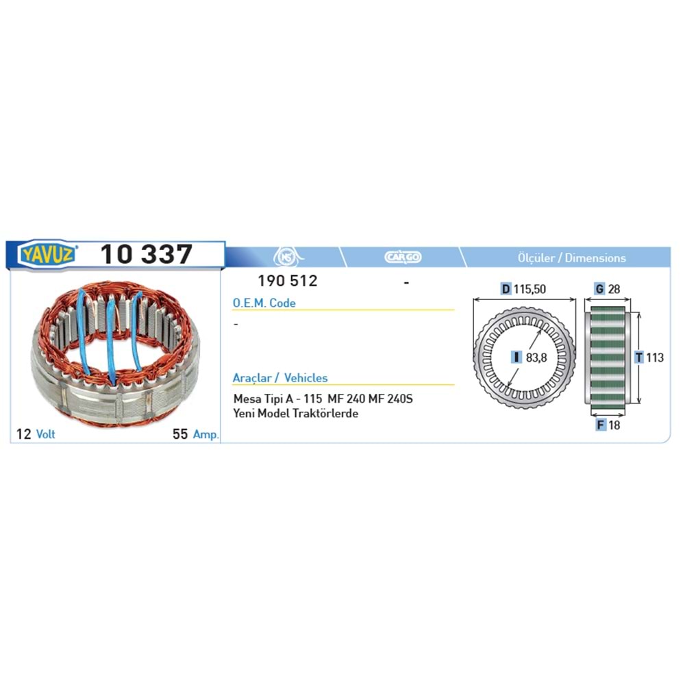 ALT STATOR 115A MESA TIPI MF 240.24 190512